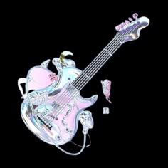 a pink and silver electric guitar sitting on top of a black background with other items around it