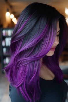 Jet Black Hair Magic: 17 Ideas to Elevate Your Look Medium Length Hair Styles Color, Black With Purple Highlights Hair, Purple Hair With Bangs Aesthetic, Purple Hair Underneath Black, Dark Hair Color With Purple, Cute Hair Medium Length, Purple Hair With Layers, Black Hair With Lavender Highlights, Medium Length Edgy Hair