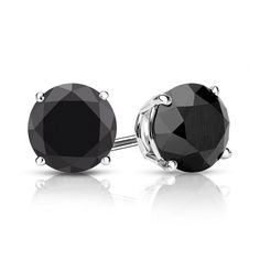 4-Prong Basket-set black round diamond stud earrings make a stylish statement in beauty. These 18k white gold stud earrings sparkle with a total weight of 2.50 ct. and are available with push-back or screw back clasps. Black Diamond Earrings Studs, Black Diamond Solitaire, Black Diamond Studs, Black Diamond Earrings, Diamond Earrings Studs Round, Black Stud Earrings, Black Onyx Earrings, White Gold Earrings Studs, White Gold Studs