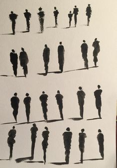 several silhouettes of people walking in different directions on a white paper with black ink