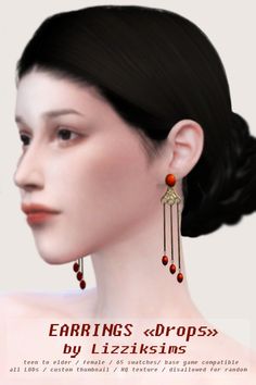 an image of a woman with earrings on her head and the words earings drops by lizzikins