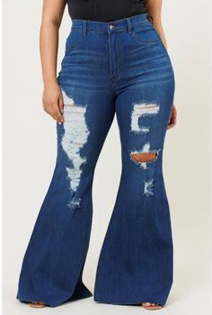 Jeans  Plus Size High Rise Distressed Jeans from Vibrant MIU Stretch Ripped Denim Blue Flare Jeans, Stretch Ripped Flare Jeans In Denim Blue, High Waist Stretch Ripped Flare Jeans, Ripped High Rise Flare Jeans In Dark Wash, Ripped Stretch Wide Leg Jeans, Stretch High Rise Distressed Flare Jeans, Non-stretch Distressed Denim Flare Jeans, High Waist Dark Wash Ripped Flare Jeans, Trendy Non-stretch Distressed Flare Jeans