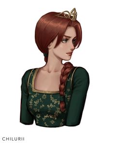 a woman with red hair wearing a green dress and a crown on top of her head