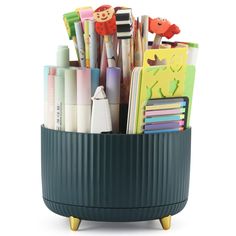 a pen holder filled with pens, markers and pencils