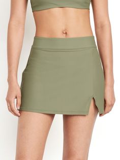 elastic waist vented front built-in briefs sits at belly button fitted hits high on thigh models are approx.  5'9" and wear sizes s (4), l (12), and xl (18)machine wash according to the care instruction label High Waisted Swim Skirt, Swim Skort, High Waisted Swim, Swim Skirt, Old Navy Women, Big And Tall, Petite Size, Belly Button, Women Swimsuits