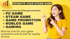 a woman pointing to the side with her finger up and texting promote your steam game