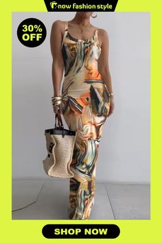 Khaki Casual Print Backless Spaghetti Strap Long Dress Dresses Dress Sleeve Styles, Fashion Gallery, Color Khaki, Wholesale Fashion, Dresses Online, Floor Length, Dress Length, Long Dress, Spaghetti Strap