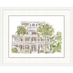 a watercolor painting of a large house with palm trees in front of the building