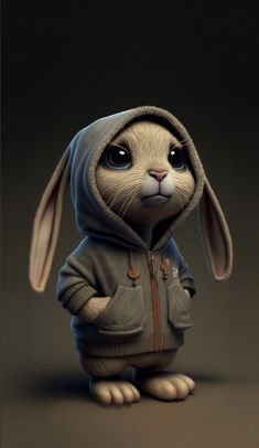 a rabbit in a hoodie sitting on the ground with it's eyes wide open