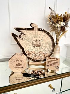 an assortment of items displayed on a glass table