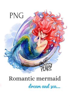 a mermaid with red hair sitting on top of a wave