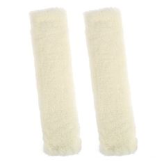 two pairs of white wool gaiters with long, fuzzy sleeves on each side