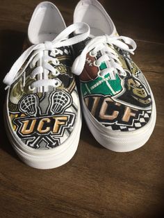 Custom and personalized UCF sneakers. These include lacrosse, football and UCF logos Due to the freehand nature of the artwork on each shoe, no two pairs will be exactly the same. Elements will be similar but may not always appear exactly as they are in the photos, unless specifically requested. Custom Slip On Vans, University Of Central Florida, Nittany Lion, Penn State, Custom Sneakers, Central Florida, Fort Lauderdale, Lacrosse, Vans Authentic Sneaker