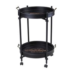 a black metal serving cart with wheels and two trays on each side, holding drinks