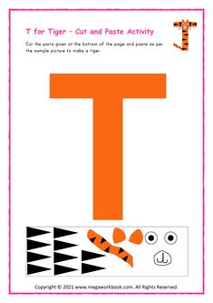 the letter t for tiger cut and paste activity is shown in orange, black and white