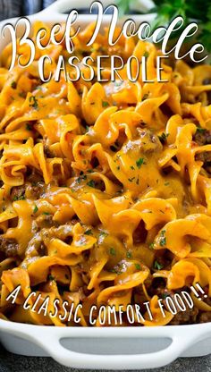 beef macaroni casserole in a white dish with the title above it