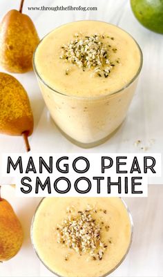 two views of a mango pear smoothie in a glass next to pears. Low Histamine Smoothie, Coconut Milk Smoothie Recipes, Inflammatory Smoothies, Low Histamine Recipes, Histamine Foods, Smoothie Without Banana, Mixology Recipes