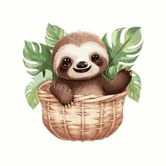 a cute slotty sitting in a basket with green leaves