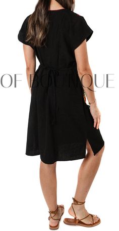 Mexican Dress Knee-Length KIMONO Style Women's Embroidered Dress - BLACK Black Knee-length Shirt Dress For Beach, Black Shirt Dress With Tie Waist For Summer, Black Sleeveless Shirt Dress For Spring, Black Knee-length Shirt Dress For Summer, Fitted Black Shirt Dress For The Beach, Black Midi Dress With Tie Waist For Summer, Black Shirt Dress With Tie Waist For Daywear, Black V-neck Shirt Dress For Summer, Casual Black V-neck Shirt Dress