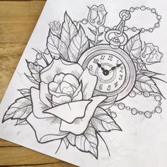 a drawing of a rose with a clock on it