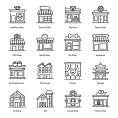 different types of shops and stores line icons