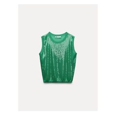 Round neck tank top. Sequin appliqués. Casual Sleeveless Party Top, Casual Sleeveless Top For Party, Chic Green Stretch Vest, Chic Green Tank Vest, Spring Sequin Sleeveless Vest, Spring Sequined Sleeveless Blouse, Spring Sleeveless Sequin Vest, Sequin Sleeveless Blouse For Spring, Sleeveless Sequin Blouse For Spring