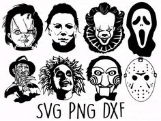 six halloween masks with different faces and words that say svg png dxf