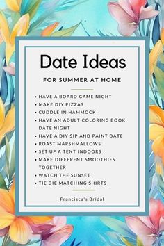 the date ideas for summer at home are displayed in front of a blue and yellow floral background