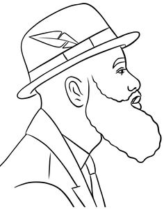 a black and white drawing of a man with a beard wearing a suit and hat