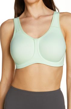 A soft and supportive sports bra is fashioned with wide shoulder straps and a powerful exterior underwire for an exceptionally secure and comfortable fit. Moisture-wicking fabric keeps skin cool and dry. Convertible straps can also be worn crossed in back. Lined. 80% nylon, 20% spandex. Hand wash, line dry. By Wacoal; imported. Lingerie. Green Sports Bra With Medium Bust Support, Green Functional Sports Bra With Medium Bust Support, Functional Sports Bra With Wide Straps, Functional Sports Bra With Moisture-wicking And Wide Straps, Green Medium Support Sleeveless Sports Bra, Supportive Sleeveless Nylon Sports Bra, Supportive Nylon Sports Bra Sleeveless, Nylon Sports Bra With Medium Bust Support, Green Sleeveless Sports Bra With Medium Support