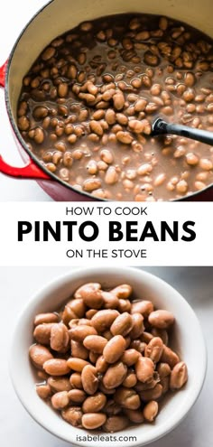 pinto beans in a white bowl with text overlay that reads how to cook pinto beans on the stove