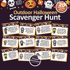 an outdoor halloween scavenger hunt is shown with the words, numbers and symbols on it