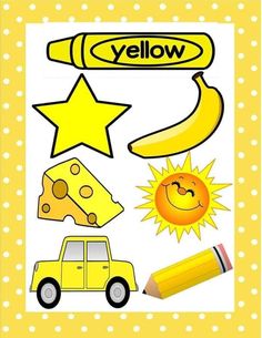 a yellow and white poster with some different things on it, including a star, sun,