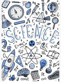 an image of science doodles on white paper with blue writing and symbols around it