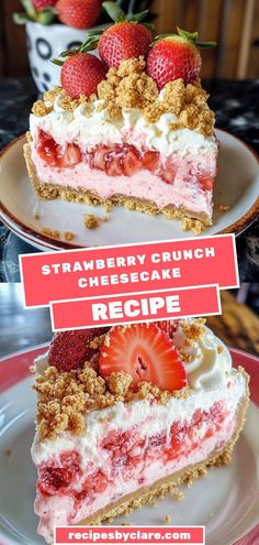 This Strawberry Crunch Cheesecake Delight is a creamy and fruity dessert layered with strawberry mousse and topped with a crunchy strawberry crumble. 🍓🍰  Ingredients:  2 cups cream cheese, softened ½ cup vanilla wafer crumbs Fresh strawberries for garnish Chill for a few hours, then serve for a delicious treat! Strawberry Cheesecake Layer Cake, 6 Inch Strawberry Cheesecake, Strawberry Crunch Pudding Recipe, Strawberry Shortcake Crunch Cheesecake, Strawberry New York Cheesecake, Berrylicious Strawberry Crunch Cheesecake, Strawberry Crunch Pie, Berrylicious Strawberry Crunch Cake, Fruity Cheesecake Recipes