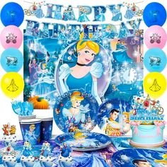 a table set up with plates, cups and balloons in the shape of princesses