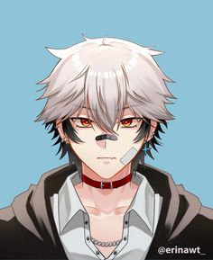 an anime character with white hair and red eyes, wearing a collared shirt while looking at the camera