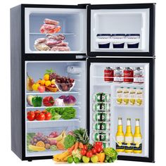 an open refrigerator filled with lots of food and drinks on top of it's doors