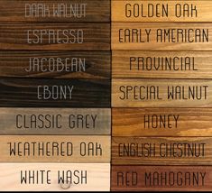 some type of wood with different types of words on it and the names below them