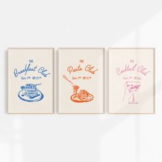 three posters on the wall with different types of food and drinks printed on them,