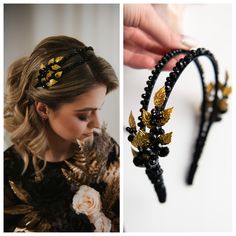 Black bridal hairpiece Black crystal crown Black gothic hairpiece Gothic bridal headband Black and gold hairpiece Gold leaves hairpiece Black Crystal Crown, Gold Hairpiece, Different Wedding Ideas, Gold Hair Piece, Bridal Hairpiece, Crown Black, Black Rabbit, Headband Black, Jewelry Wardrobe