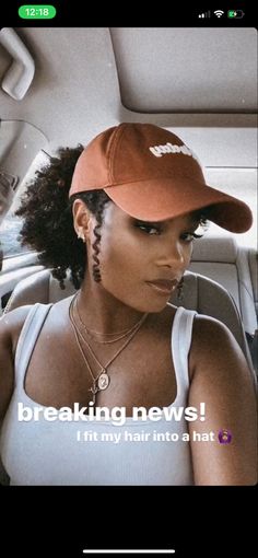 Low Bun With Hat Black Women, 4c Hat Hairstyles, Cap Hairstyles Black Women, Natural Hairstyles For Black Women With Hats, 4c Hair With Hat, Natural Hair Baseball Cap, Short Curly Hair Hat Hairstyles