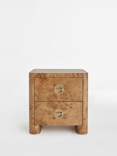 a small wooden table with two drawers on one side and an open drawer on the other