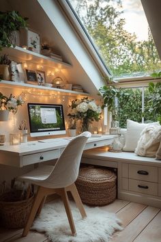 a desk with a computer on top of it in a room filled with plants and lights