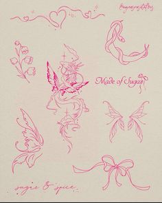 some pink ink drawings on white paper with words and images in the middle one says march of angels