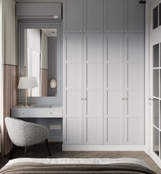 a bedroom with a bed, dresser and mirror in the corner next to an open closet