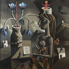 a painting of a woman sitting in front of a vase with flowers on top of it