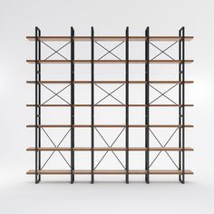 an empty bookcase with wooden shelves and black iron bars on the sides, against a white background