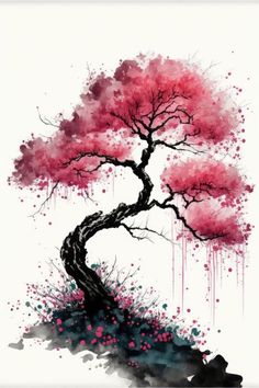 a watercolor painting of a tree with pink flowers on it's trunk and branches