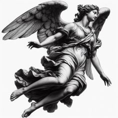 an angel statue is shown in black and white